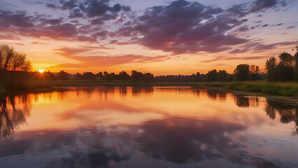 Tranquil Sunset Over a Calm River – Warm Golden Light Reflection