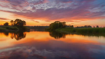 Tranquil Sunset Over a Calm River – Warm Golden Light Reflection