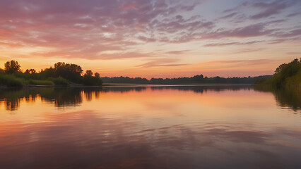 Tranquil Sunset Over a Calm River – Warm Golden Light Reflection