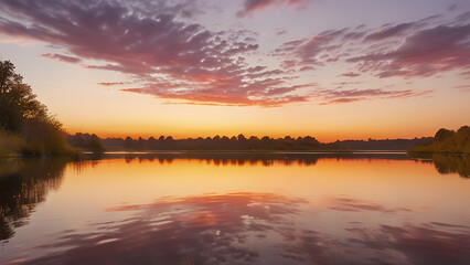 Tranquil Sunset Over a Calm River – Warm Golden Light Reflection