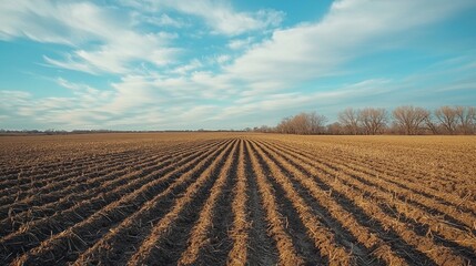 A wide view of an agriculture field with dry, cracked soil
