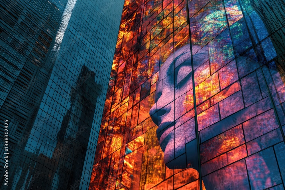 Poster a serene face emerges from a vibrant, fragmented building facade, blending modern architecture with 