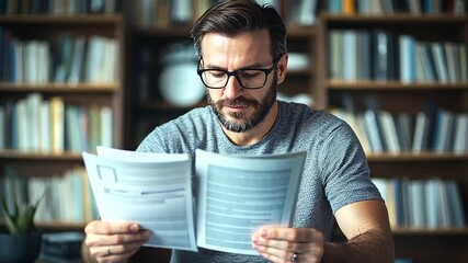 Focused adult education teacher printing worksheets while checking grammar on a laptop, a bookshelf filled with academic resources in the background