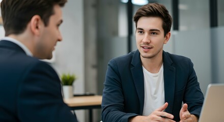 Two men in suits engage in a focused discussion at an office table, highlighting a professional and collaborative business environment.