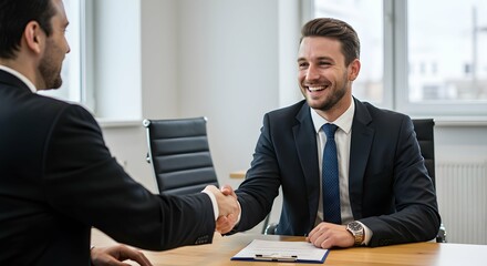 Two executives in a modern office shake hands across a table, smiling warmly. Their formal suits and the professional environment emphasize a successful business agreement.