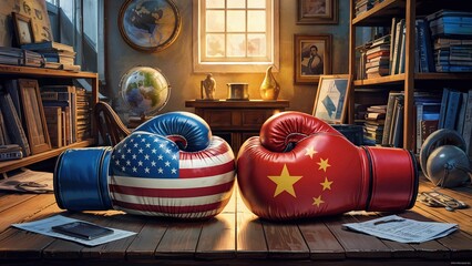 Two boxing gloves, one adorned with the American flag and the other with the Chinese flag, sit on a desk surrounded by books and documents, suggesting.