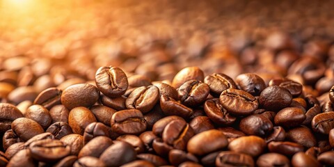 Fototapeta premium Close-up view of roasted coffee beans, showcasing rich brown tones and textures, illuminated by warm light
