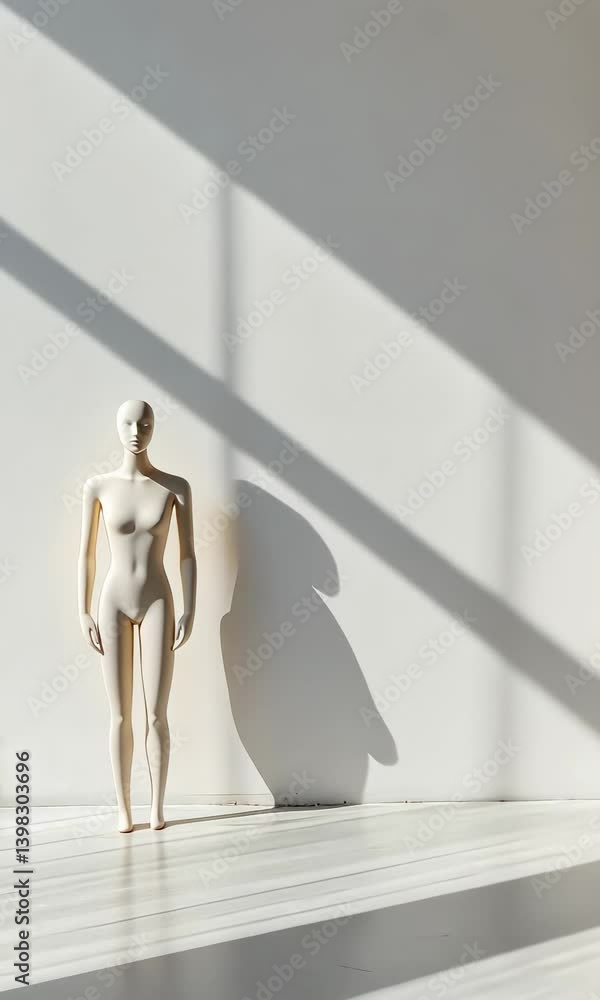 Poster elegant mannequin stands gracefully in a brightly lit studio, casting long shadows against a white w