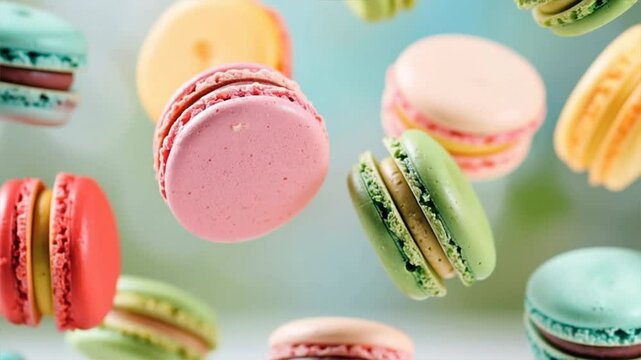 Colorful macarons floating against a bright background, showcasing their delicate texture and vibrant flavors.