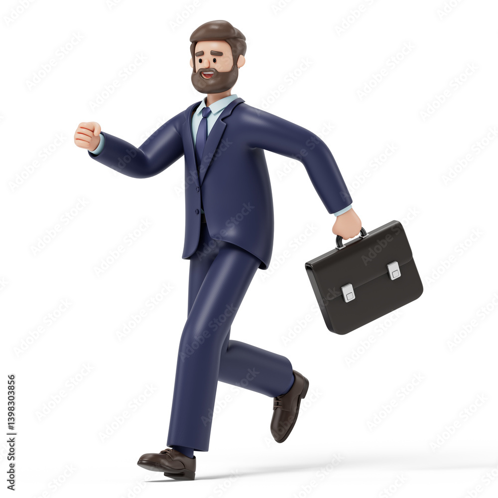 Poster man running with a briefcase, symbolizing ambition or career advancement. 3d rendering, conceptual i