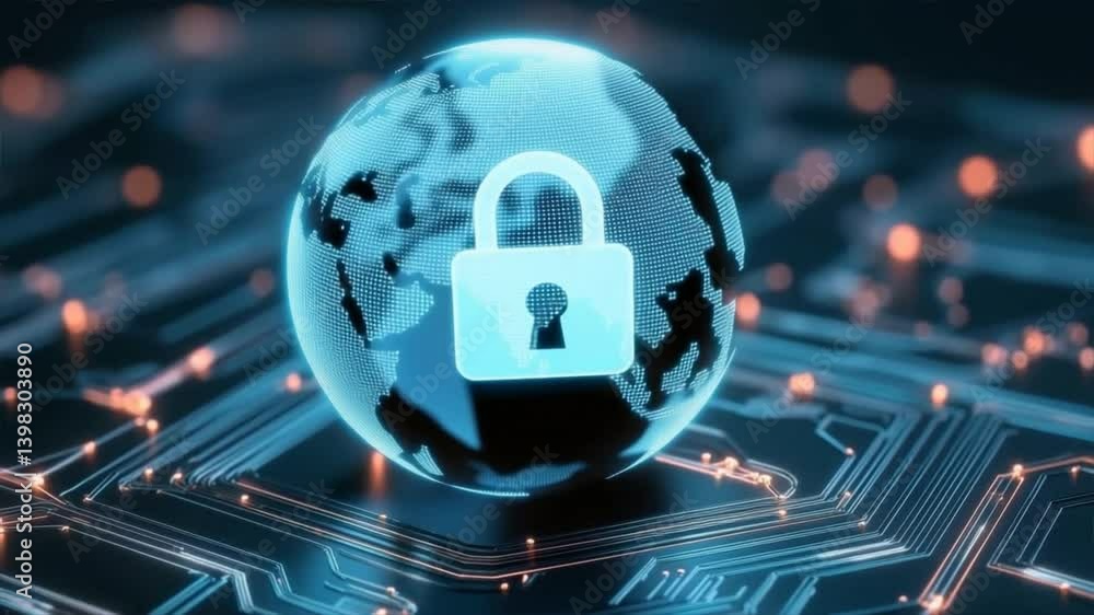 Poster digital globe with padlock symbolizing cybersecurity and global protection in a connected world.