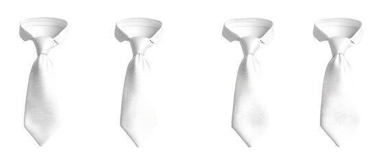 Fototapeta premium Four crisp white silk neckties arranged in a neat row for formal wear or uniform catalog photography isolated on transparent background.