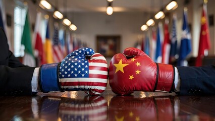 Two politicians wearing boxing gloves with american flag and chinese flags are facing off, representing the conflict between the two countries.