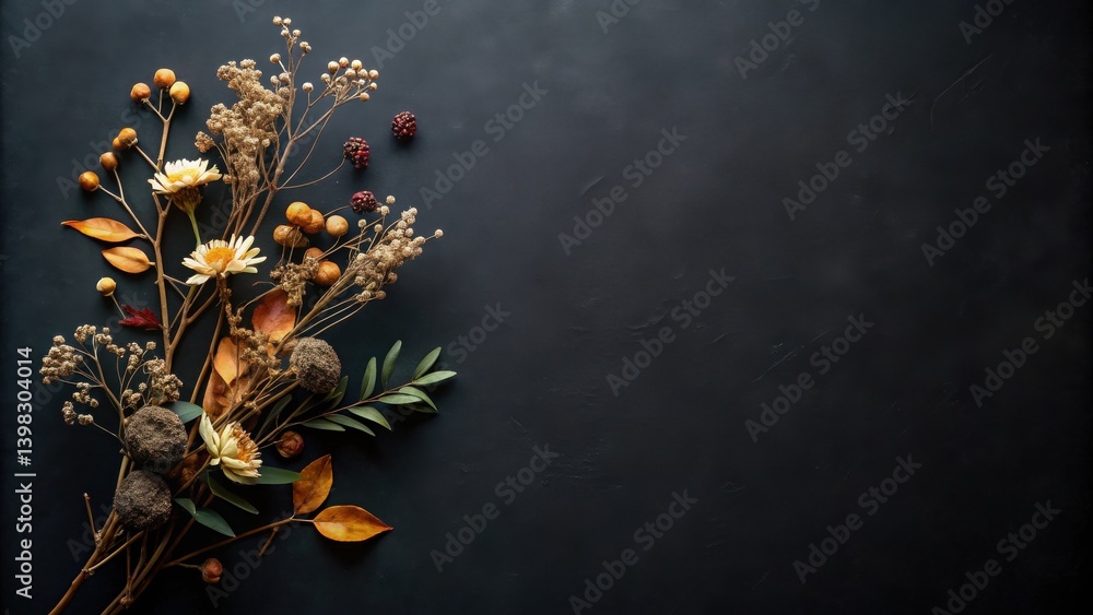 Poster Autumnal Dried Floral Arrangement on Dark Background with Ample Copy Space for Text or Design Elements