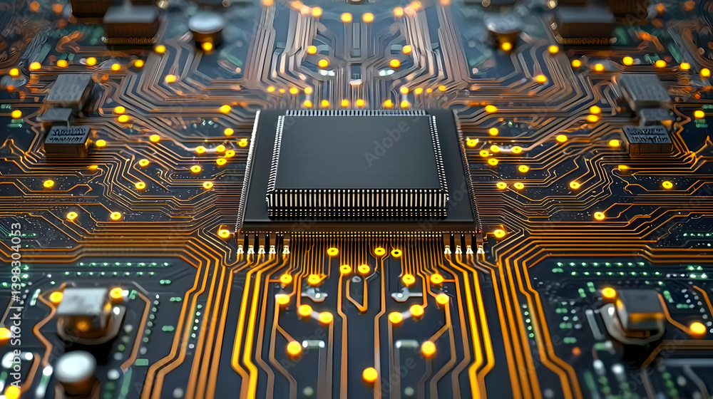 Poster close up of glowing circuit board with central processor