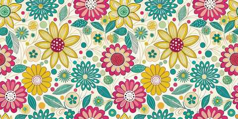 Colorful floral pattern featuring vibrant flowers and playful designs.