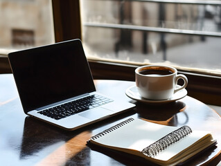 AI generated image of a laptop, spiral notebook and hot coffee cup placed on a wooden table beside a window in a warm and quiet cafe setting, ideal for remote work or creative writing 