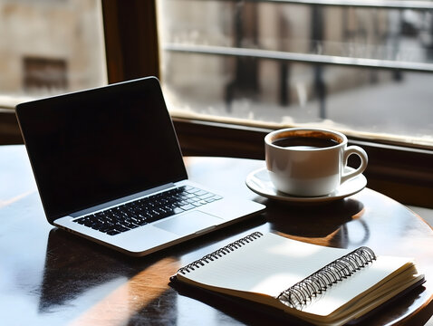 AI generated image of a laptop, spiral notebook and hot coffee cup placed on a wooden table beside a window in a warm and quiet cafe setting, ideal for remote work or creative writing  - Powered by Adobe