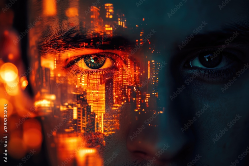 Aufkleber a captivating double exposure image merges a man's face with a vibrant cityscape, creating a surreal