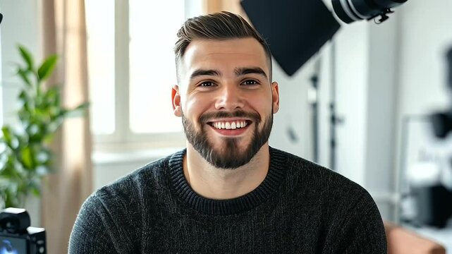 Happy young man recording a high-quality testimonial with professional lighting, natural sunlight filtering through tall windows, working comfortably in a minimalist office