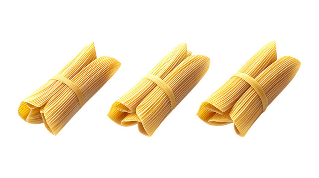Three bundles of dried uncooked spaghetti pasta tied with string for traditional Italian food presentation isolated on a transparent