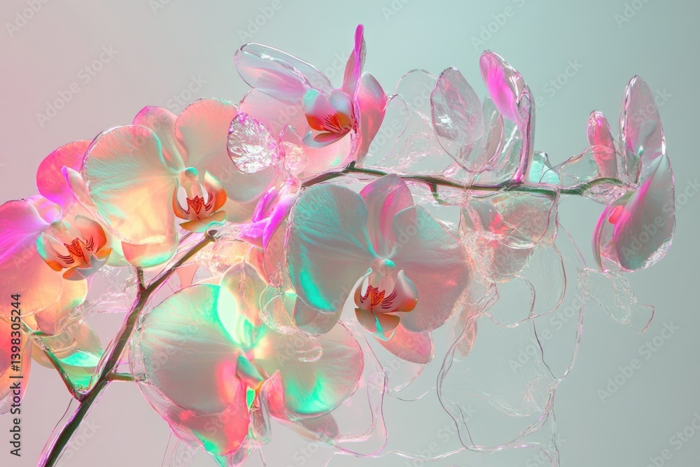 Poster iridescent orchids with translucent, glass-like textures, elegantly displayed against a soft backgro