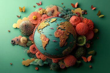 A paper cut style design of flowers and a butterfly embodies the concept of Earth Day, coinciding with World Environment Day, produced using Generative Ai