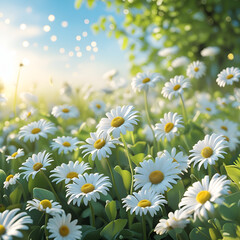 Spring or Summer Nature Scene with White Daisies