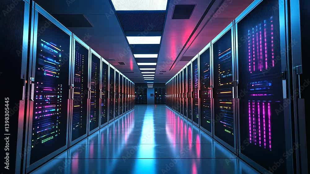 Poster high-tech data center close-up with endless rows of metallic server towers, vibrant colored lights p