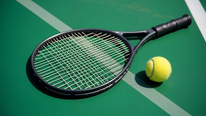 A tennis racket and a ball on a tennis court