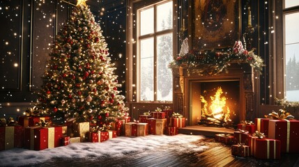 Fototapeta premium A Magical Christmas Eve: A Cozy Fireplace and a Majestic Christmas Tree