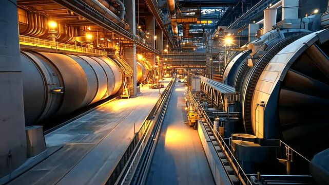 Immersive wide-angle view of a cement plant&rsquo;s core operations, where huge steel kilns radiate heat, massive mixers operate continuously, and conveyor belts buzz with flowing raw ma