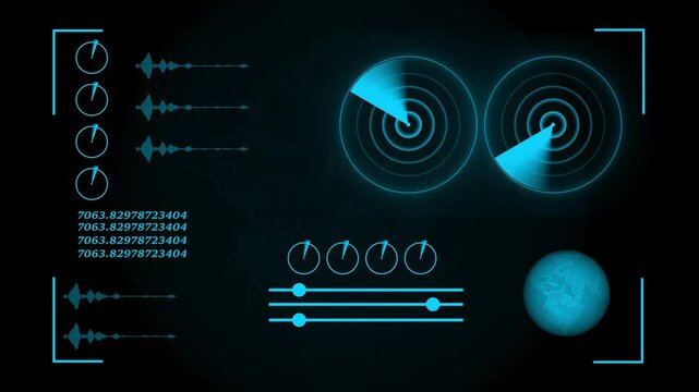 Digital radar screen infographic HUD . radar targets and futuristic user interface computer system and technology concept . Animation of user interface HUD on dark background .