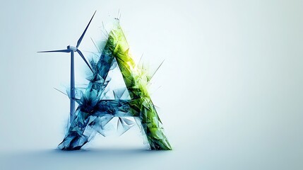 Letter "A" designed with sleek wind turbine blade shapes forming its silhouette, flat vector style, white background, smooth gradients of blue and green,