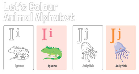 ABC Animal Alphabet Colouring Page for Kids learning English,  Flash Card Set, Animal Name, Vector Illustration