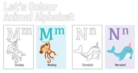ABC Animal Alphabet Colouring Page for Kids learning English,  Flash Card Set, Animal Name, Vector Illustration © SweetAmbient