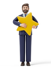 Man holding a yellow star, symbolizing achievement or high rating. 3D rendering, conceptual image. Isolated on white background.