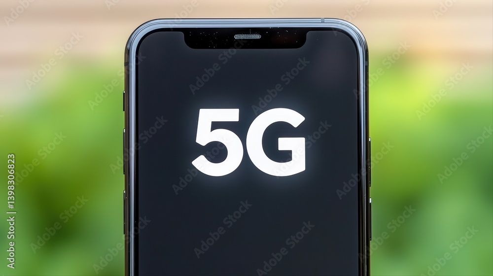 Poster modern smartphone displaying 5g wireless network signal
