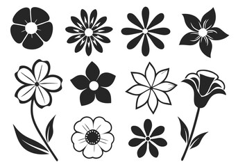 Black and white flower icon vector set featuring bold graphic outlines and stylized abstract floral shapes in a simple, modern line-art style &ndash; perfect for print, web, or digital design