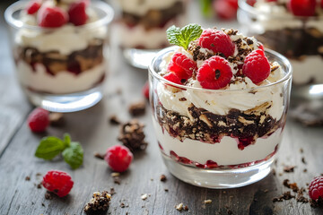 Raspberry, chocolate, and cream dessert parfaits in clear glasses.