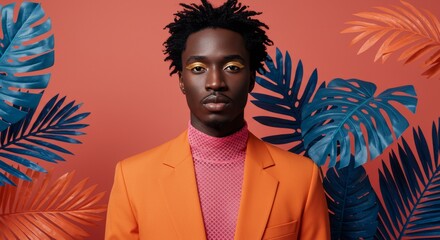 A chic 30-year-old Black man with short dreadlocks and golden eyeliner, wearing a vibrant orange tailored suit over a pink mesh turtleneck.