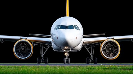 Airplane front view on runway against black background