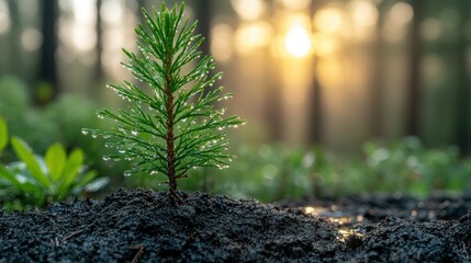 Young seedling in forest soil, morning dew