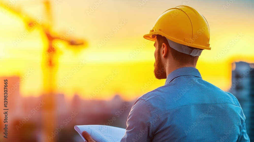 Poster engineer engineer in a hard hat analyzing blueprints of a construction project at a worksite.