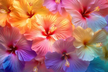 Vibrant hibiscus blossoms in a rainbow of pastel colors, showcasing delicate petals and intricate details.