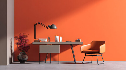 Minimalist home office interior with an orange wall, sleek desk setup, and comfortable chair.