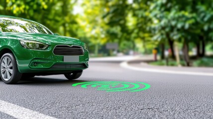 Fototapeta premium Green car with digital signal on urban road surface