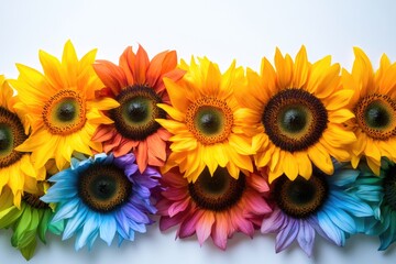 Fototapeta premium Vibrant rainbow sunflowers arranged in a row against a white background.