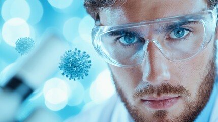 Virus Scientist examining a viral sample under a microscope in a research laboratory.