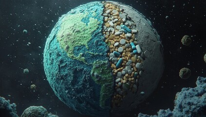 The illustration for an Earth Day watercolor poster features the planet, with one half consumed by plastic waste